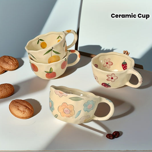1pc Cute Fruit Ceramic Cup Floral Mug 8.5oz\u002F250ml Cream Color Ins Style Couple Cups with