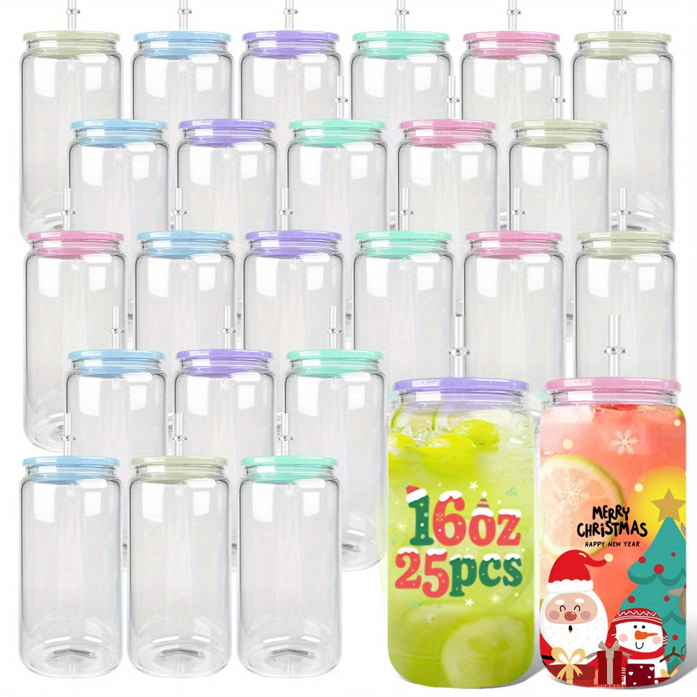 25pcs 16Oz Transparent Glass Cups with Plastic LIDS And Straws