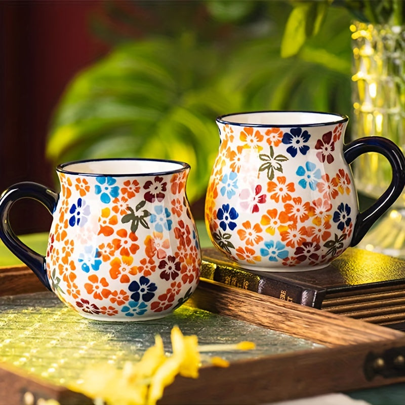 1pc Elegant Hand-Painted Floral Ceramic Mug with Handle - Microwave Safe, Insulated for Hot & Cold Drinks