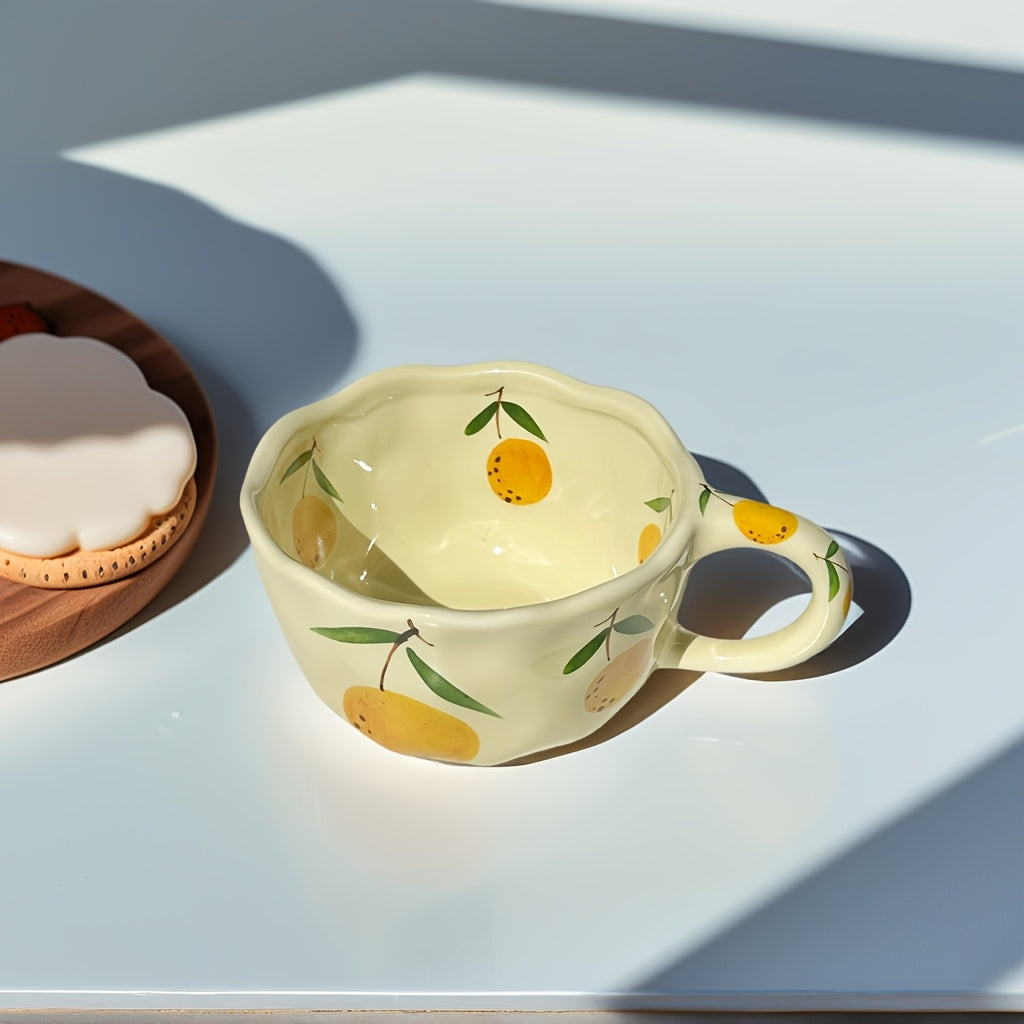 1pc Cute Fruit Ceramic Cup Floral Mug 8.5oz\u002F250ml Cream Color Ins Style Couple Cups with