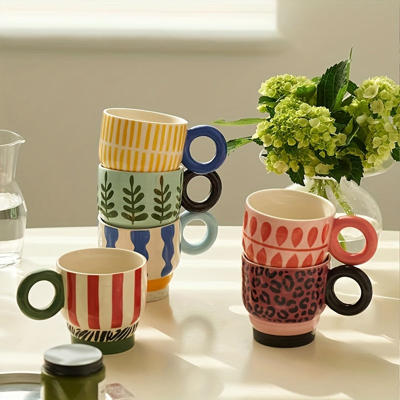 1pc Ceramic Hand-Painted Mug with Creative Ring Handle Design, Stylish Home Decor Cup for Tea
