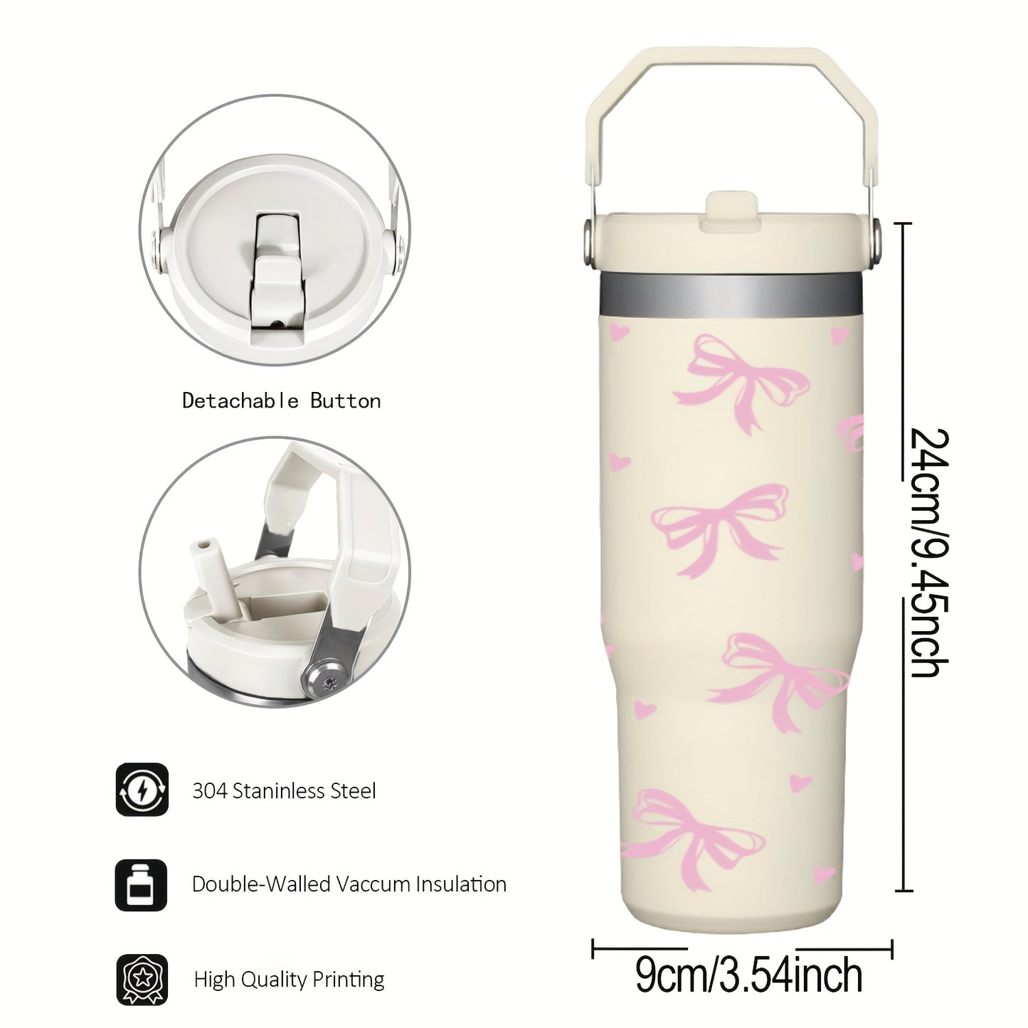 Insulated Travel Flask HILAKE 30oz Insulated Travel Flask with Handle - 1pc Leakproof Thermos for Hot\u002FCold Drinks, Beige & Pink Water Bottle, Cute Gift for Back to School, Weddings, Parties, Christmas, Thanksgiving, Mother's Day, Birthday