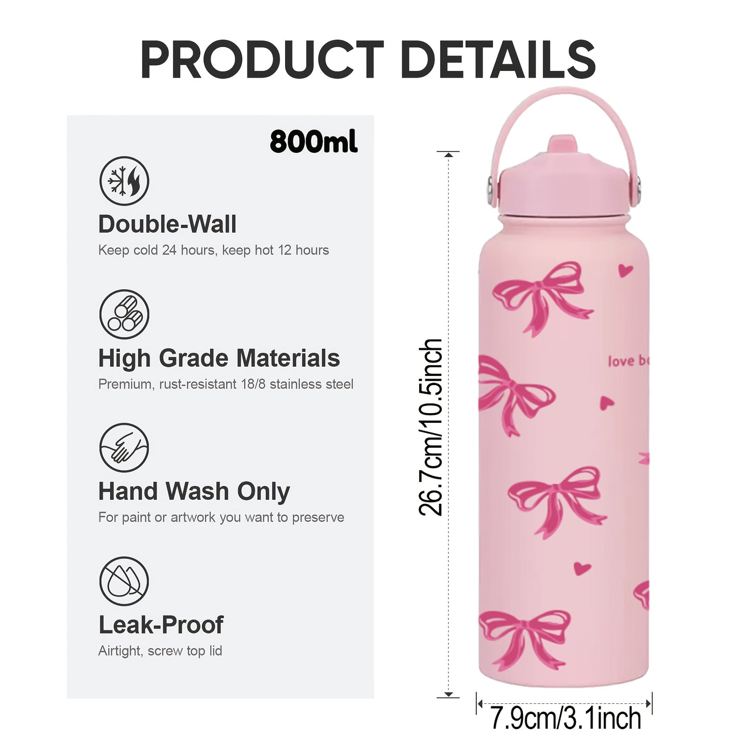 HILAKE Large 800ml\u002F27oz Stainless Steel Insulated Water Bottle & Coffee Cup - Thermal Flask with Elegant Pastel Pink Bow Design