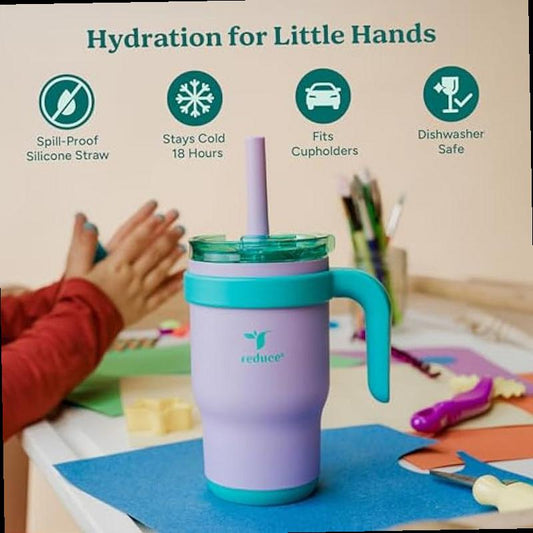 REDUCE 14 Oz Coldee Kids Tumbler with Lid and Straw Coldee Insulated Travel Mug Spill Proof Sweatproof Stainless Steel BPA Free Includes Handle Reusable Silicone Straw Pink Mermaid