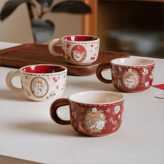 Vintage Cute Money-Grabbing Cat Coffee Mug - Ceramic Kitten Design with Red Bow Tie, Insulated