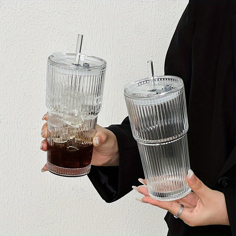 1 Set Elegant Clear Glass Coffee Cups with Straws & Lids - 13.53\u002F20.29oz Large Capacity