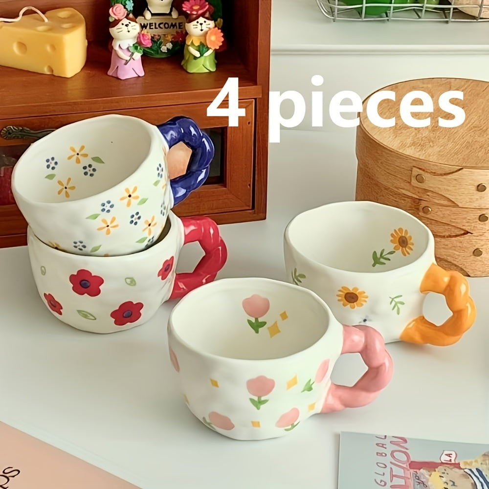 4pcs 1set Twist Braid Handle Flower Mug, Cute Irregular Art Coffee Cup, Suitable for Breakfast, Milk and Afternoon Tea, Reusable Kitchen Supplies, Family Gifts, Couple Cups, Family Cups, Christmas, New Year, Valentine's Day, Holiday Gifts