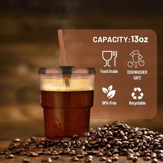 13oz Tumbler Water Glass Cups with Straw and Lid 4 Pack Reusable Glass Tumbler for Iced Tea Coffee Sealed CarryOn Travel Cups for Office Party Camping and Outdoor