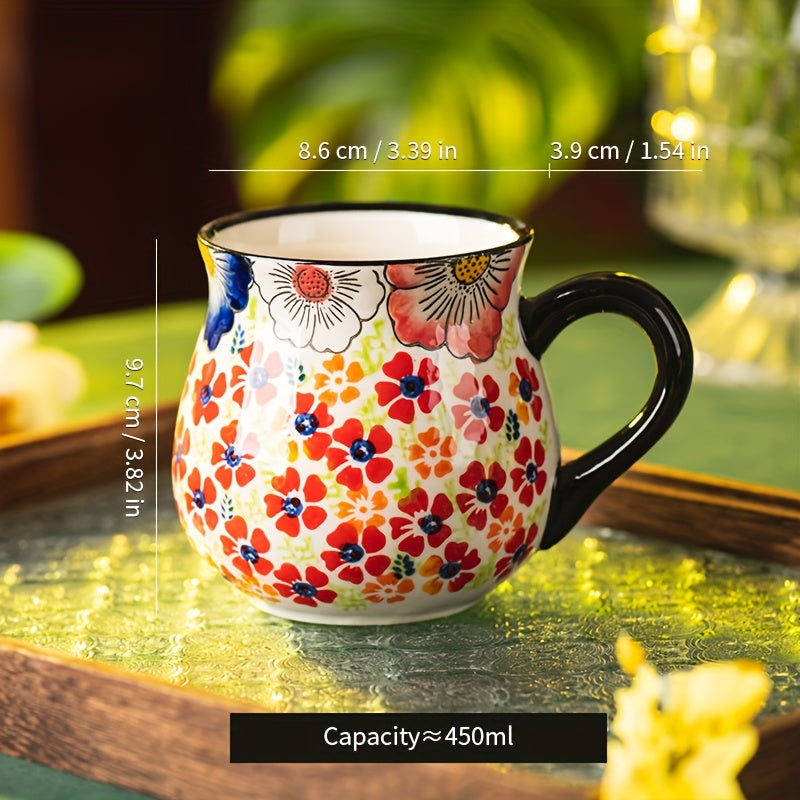 1pc Elegant Hand-Painted Floral Ceramic Mug with Handle - Microwave Safe, Insulated for Hot & Cold Drinks