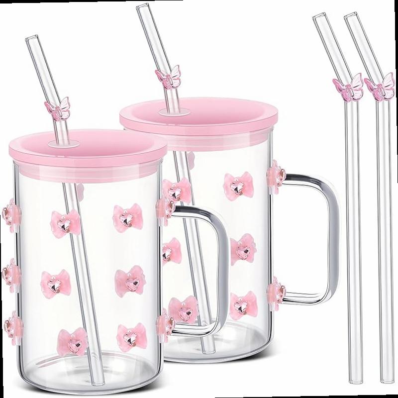 Skylety 2 Pcs Coquette Bow Glass Cups with Handle 3D Diamond Pink Bow Cup with Lid and Straw 17 oz Coquette Aesthetic Iced Coffee Drinking Tumbler for Women Girls Sister Friend Party Favor Gift
