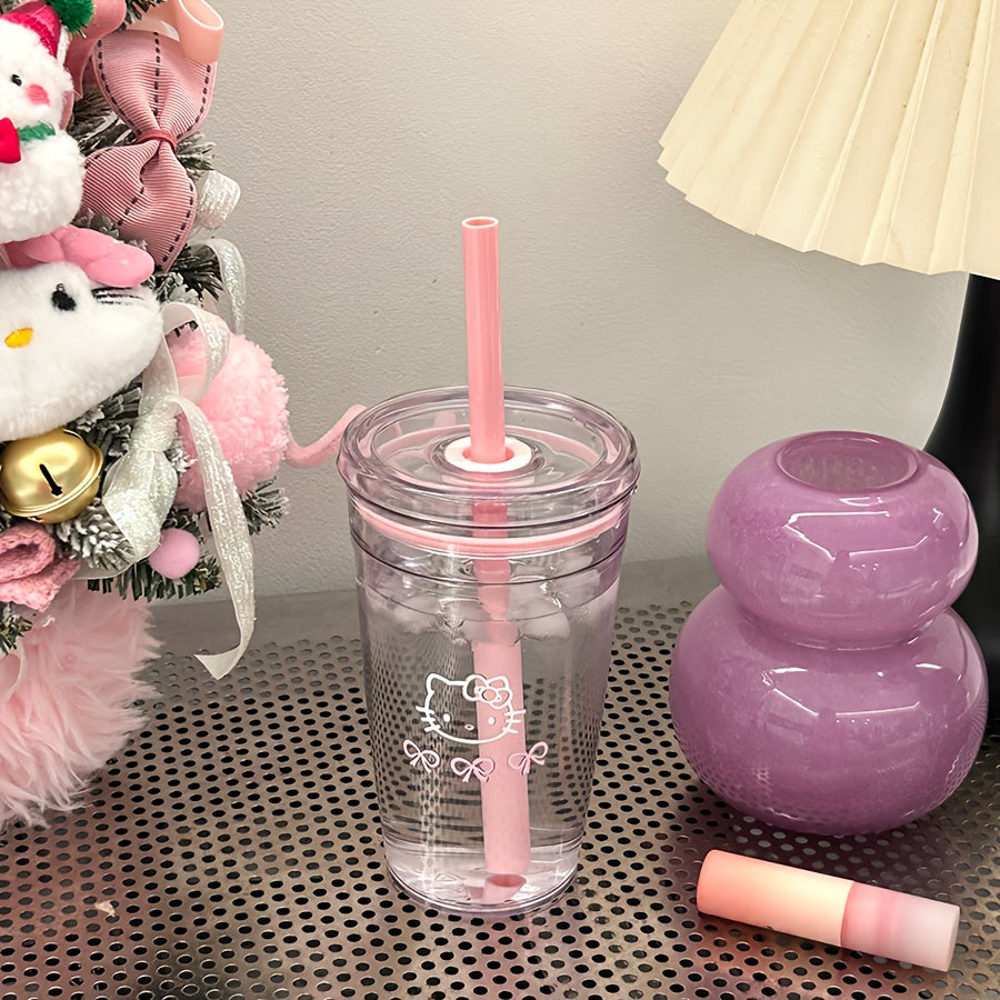 1pc Sanrio Hello Kitty 450ml Durable PC Plastic Water Bottle with Straw - Portable Reusable Cute Pink Design for Summer