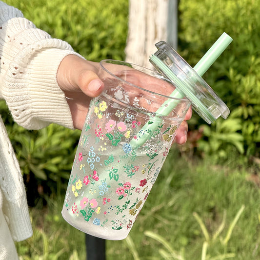 HILAKE 16oz Vintage Floral & Leaf Travel Cup with Straw & Lid - Reusable Durable PC Tumbler