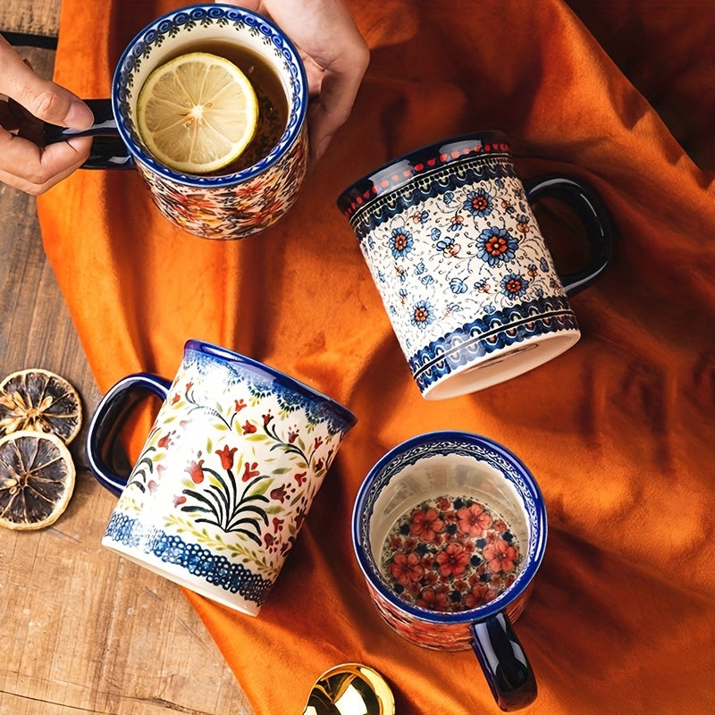 A Set of Gift Hand Painted Vintage Style Flower Pattern Ceramic Coffee Mug, 14oz Mug, Water Cup, Milk Mug, Ceramic Tea Cups with Unique Design for Hot or Cold Drinks