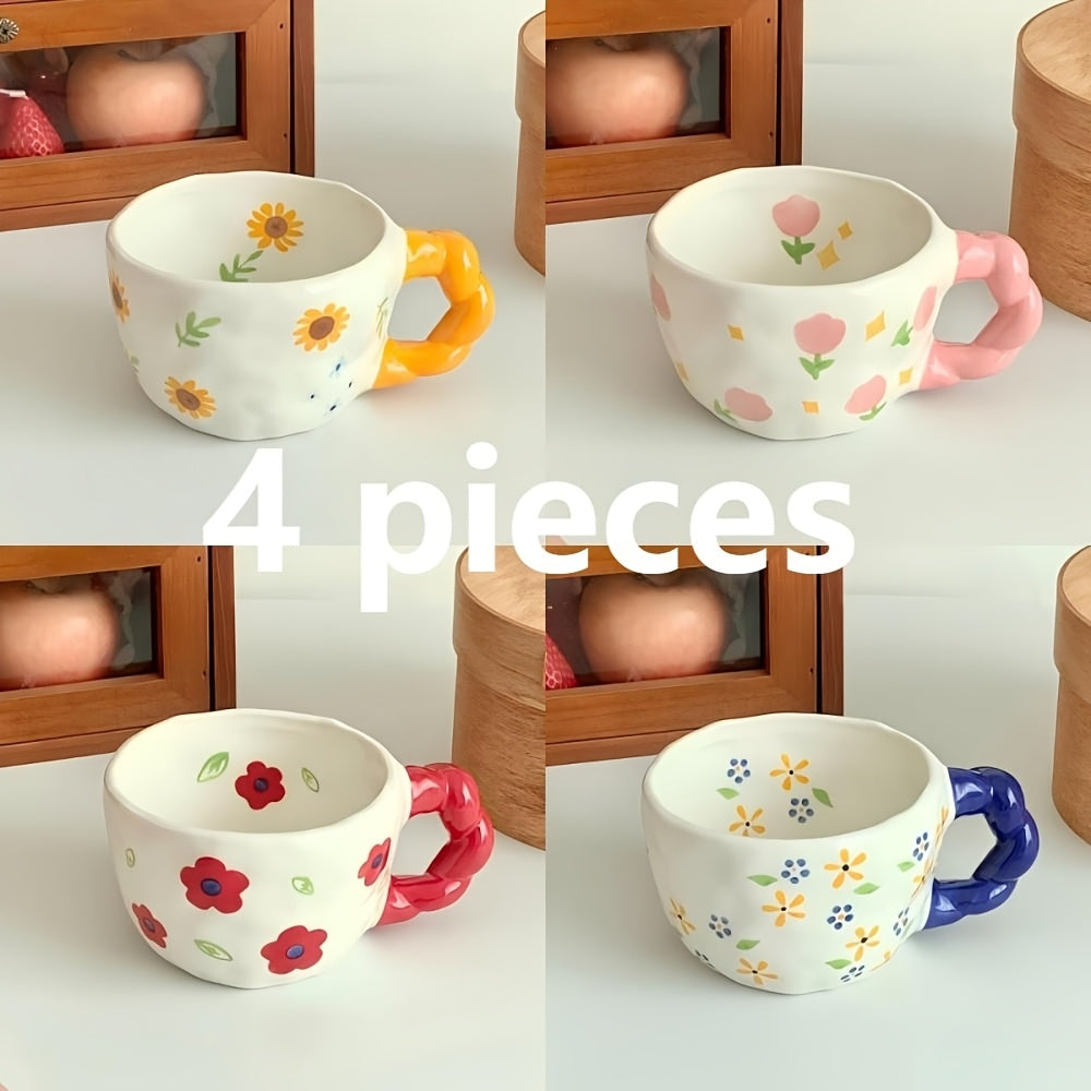 4pcs 1set Twist Braid Handle Flower Mug, Cute Irregular Art Coffee Cup, Suitable for Breakfast, Milk and Afternoon Tea, Reusable Kitchen Supplies, Family Gifts, Couple Cups, Family Cups, Christmas, New Year, Valentine's Day, Holiday Gifts