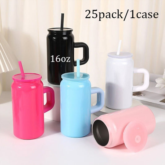 Halloween 25pcs USA Warehouse Wholesale Thermal Cup With Lid, Straw And Handle, 16oz Sublimable Stainless Steel Cup, Drink Cans, Iced Coffee Cup, Smoothie Cup, Unbreakable Vacuum Insulated Stainless Steel Rainbow Cup, Festive Gifts.