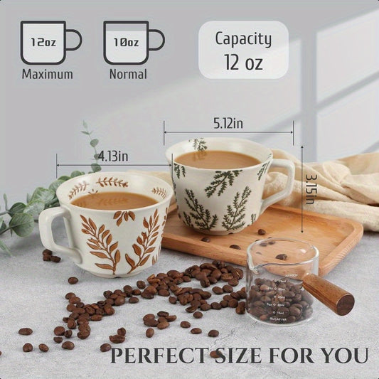 Ceramic Coffee Mug 12 oz Novelty Unique Teacup with Large Handle Stoneware Cup for Tea Mocha Latte Cappino Espresso Set of 2 Ivy and Leaf
