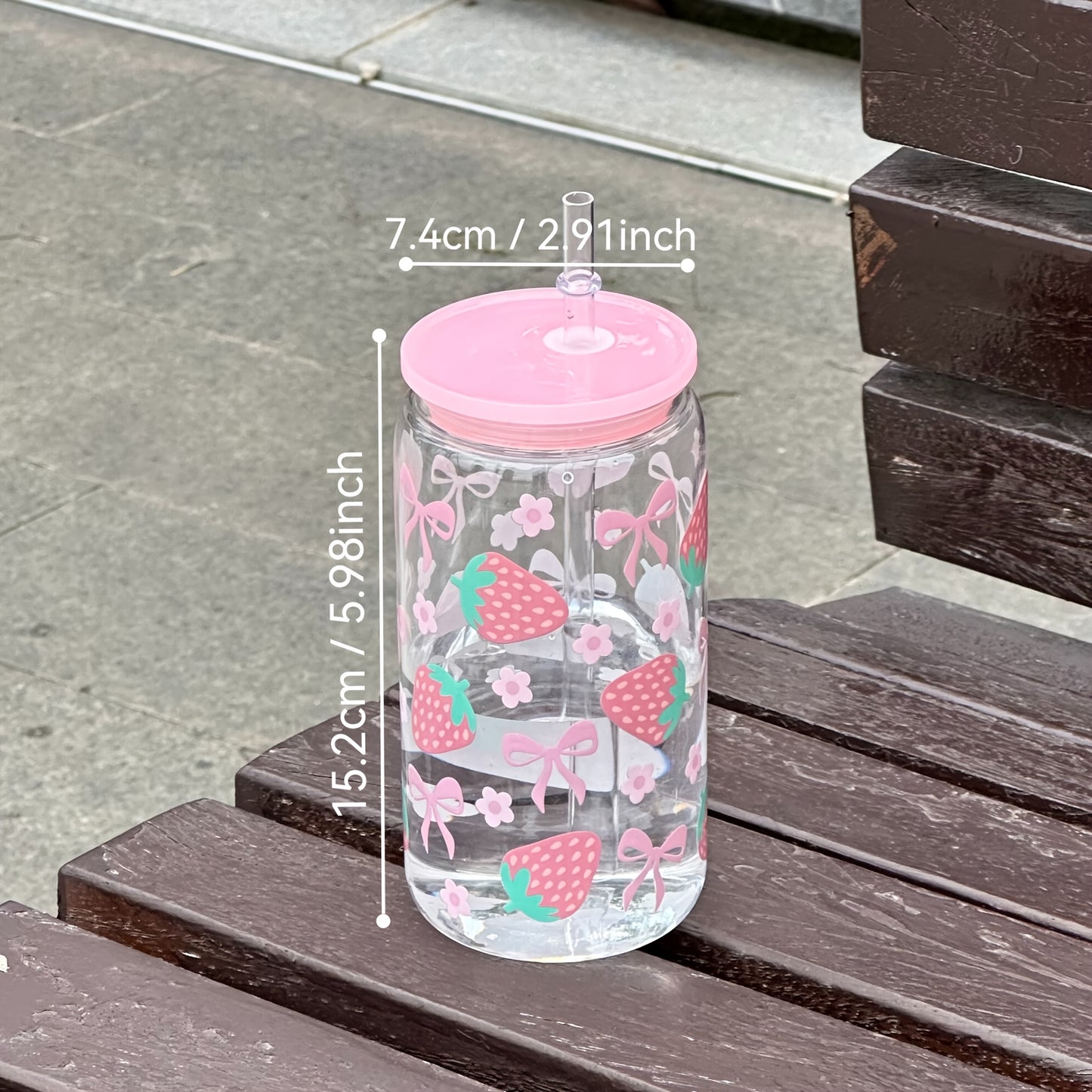 1pc Strawberry Floral Cup HILAKE 1pc 16oz Strawberry Floral Cup with Built-in Straw | Pastel Pink