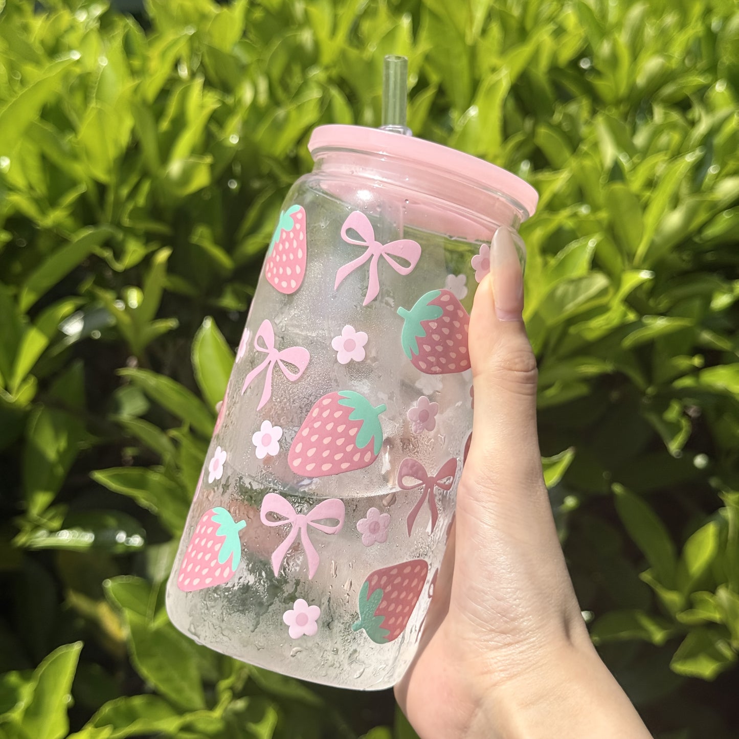 1pc Strawberry Floral Cup HILAKE 1pc 16oz Strawberry Floral Cup with Built-in Straw | Pastel Pink