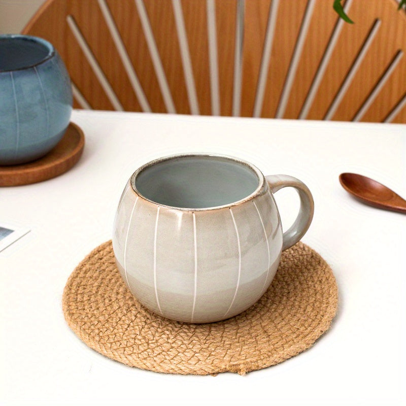 6pcs Spherical Ceramic Mug with Hand-painted Lines, Coffee Cup, Milk Cup, Water Cup, Breakfast Oatmeal Cup, Holiday Gift, 14.88oz\u002F440ml