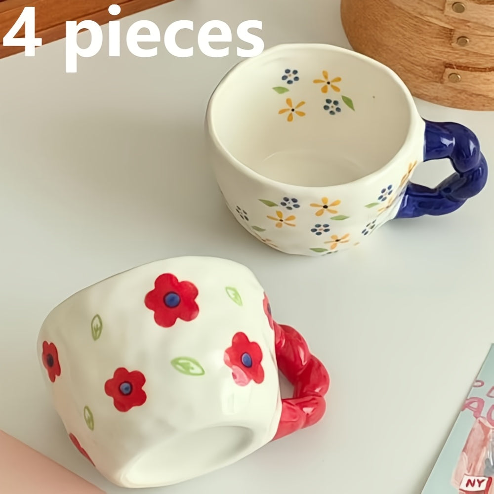 4pcs 1set Twist Braid Handle Flower Mug, Cute Irregular Art Coffee Cup, Suitable for Breakfast, Milk and Afternoon Tea, Reusable Kitchen Supplies, Family Gifts, Couple Cups, Family Cups, Christmas, New Year, Valentine's Day, Holiday Gifts