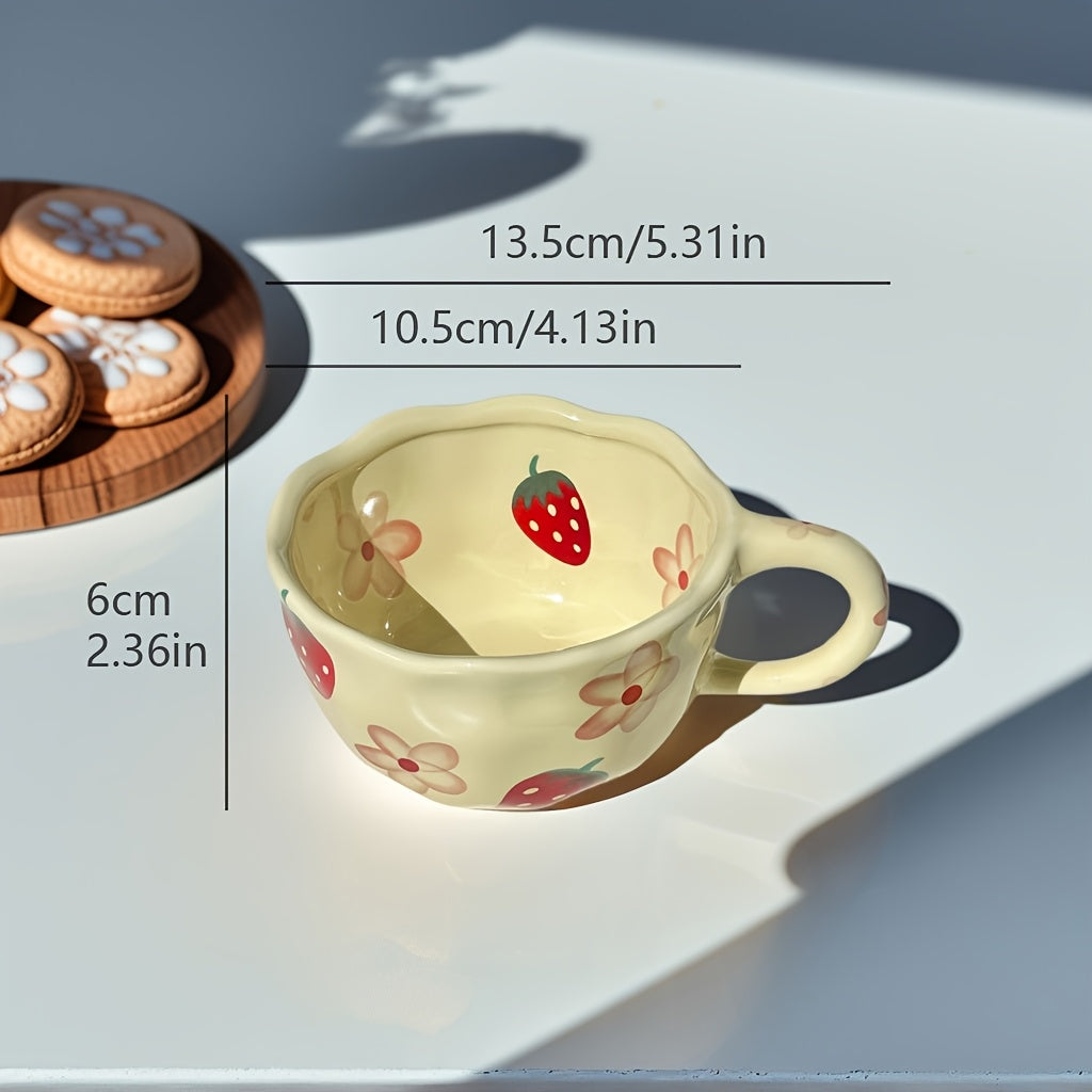 1pc Cute Fruit Ceramic Cup Floral Mug 8.5oz\u002F250ml Cream Color Ins Style Couple Cups with