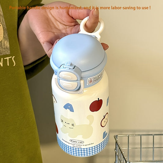 Vacuum Flask Cute Cartoon 316 Thermal Water Bottle Insulated Straw Cups Tumbler with Drinkware Blue Planet Apple Cat