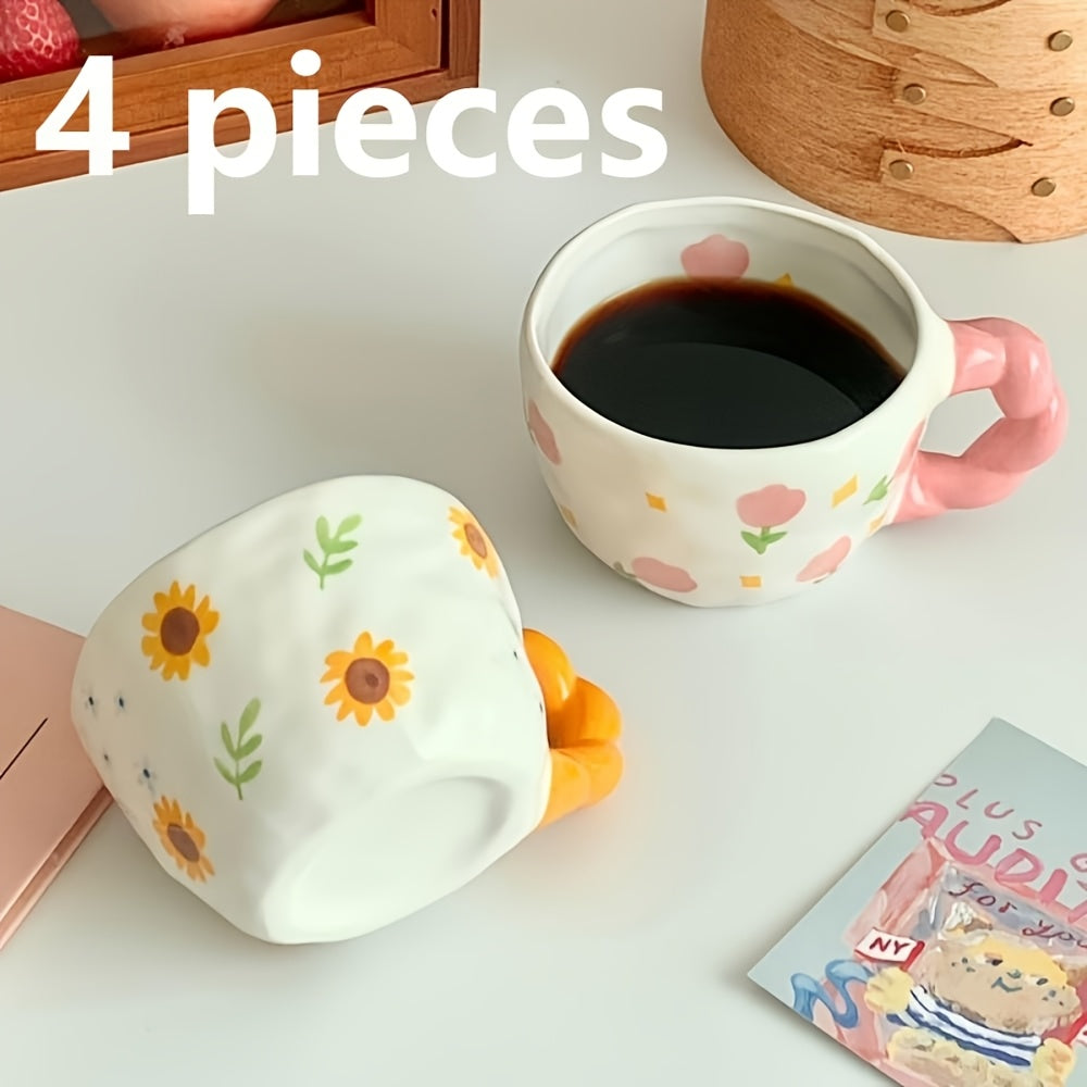 4pcs 1set Twist Braid Handle Flower Mug, Cute Irregular Art Coffee Cup, Suitable for Breakfast, Milk and Afternoon Tea, Reusable Kitchen Supplies, Family Gifts, Couple Cups, Family Cups, Christmas, New Year, Valentine's Day, Holiday Gifts