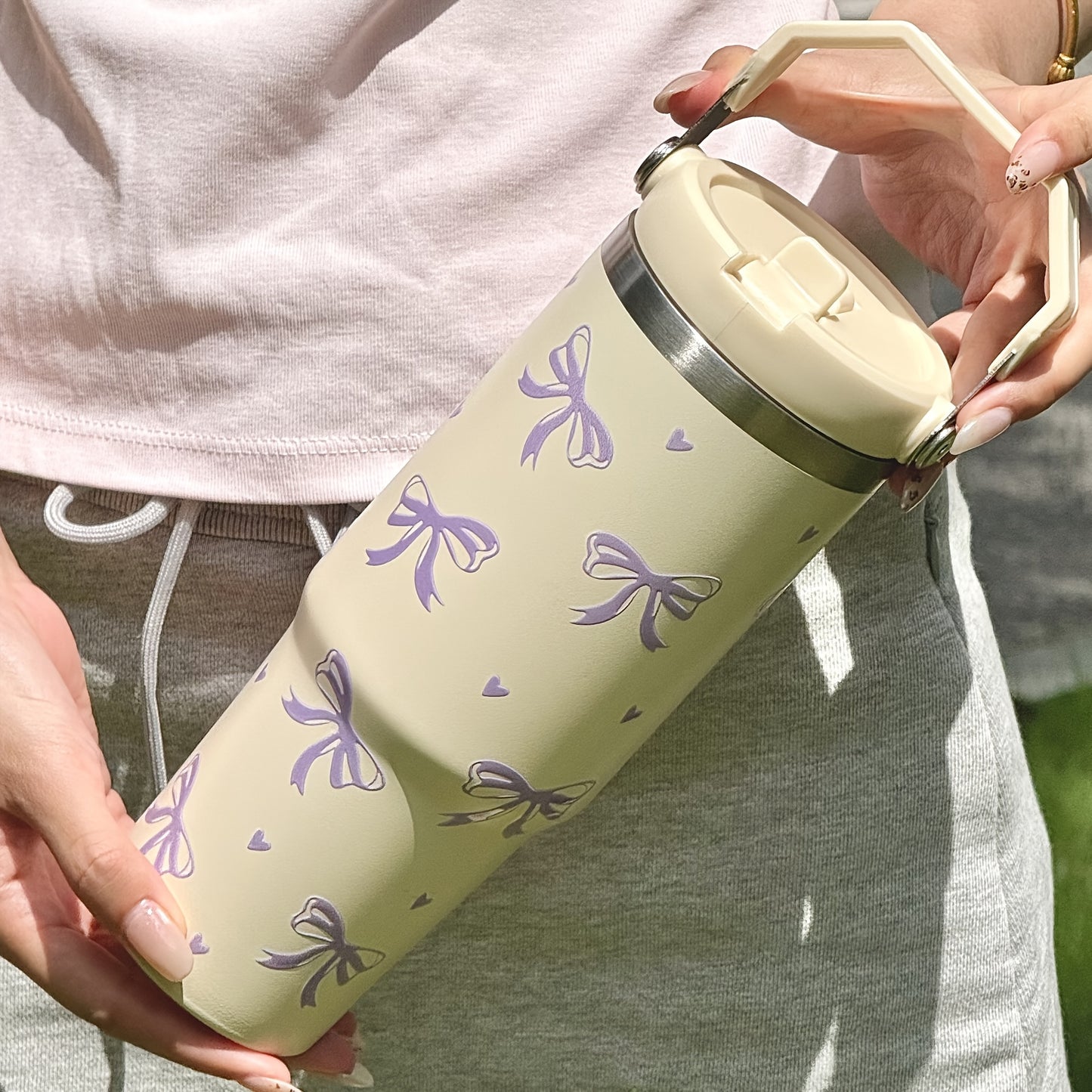 Insulated Travel Flask HILAKE 30oz Insulated Travel Flask with Handle - 1pc Leakproof Thermos for Hot\u002FCold Drinks, Beige & Pink Water Bottle, Cute Gift for Back to School, Weddings, Parties, Christmas, Thanksgiving, Mother's Day, Birthday