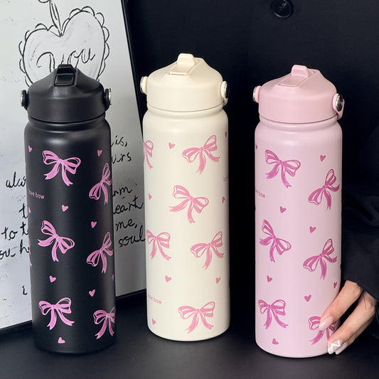 HILAKE Large 800ml\u002F27oz Stainless Steel Insulated Water Bottle & Coffee Cup - Thermal Flask with Elegant Pastel Pink Bow Design
