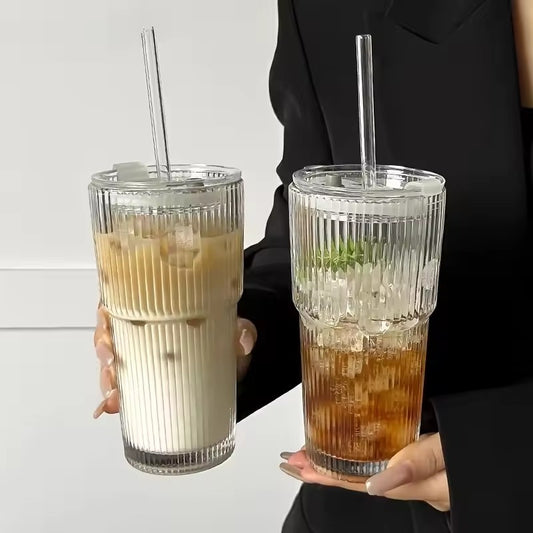 1 Set Elegant Clear Glass Coffee Cups with Straws & Lids - 13.53\u002F20.29oz Large Capacity