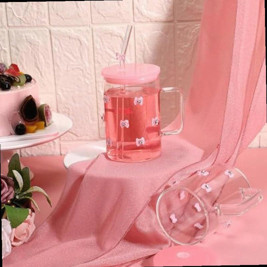 Skylety 2 Pcs Coquette Bow Glass Cups with Handle 3D Diamond Pink Bow Cup with Lid and Straw 17 oz Coquette Aesthetic Iced Coffee Drinking Tumbler for Women Girls Sister Friend Party Favor Gift