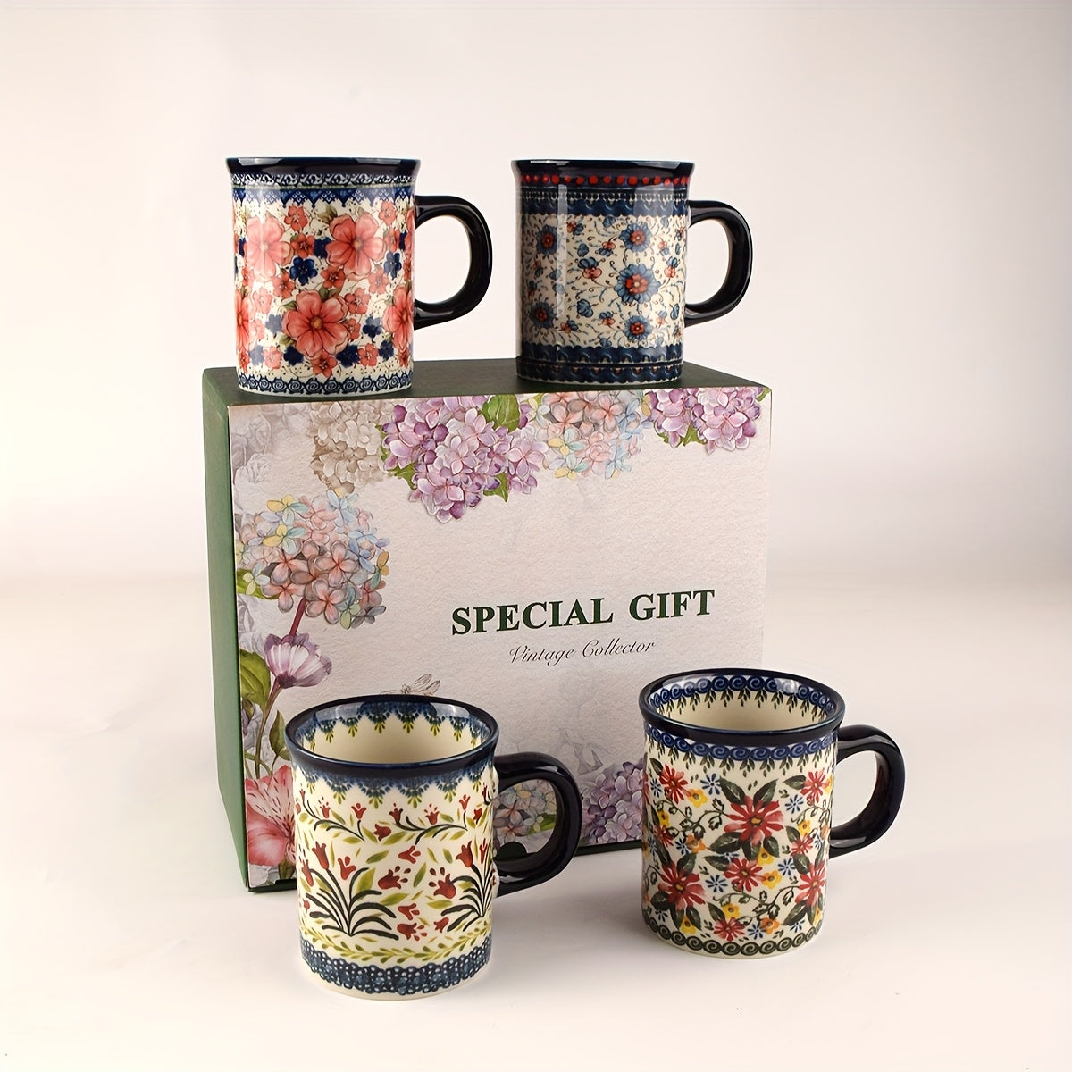 A Set of Gift Hand Painted Vintage Style Flower Pattern Ceramic Coffee Mug, 14oz Mug, Water Cup, Milk Mug, Ceramic Tea Cups with Unique Design for Hot or Cold Drinks