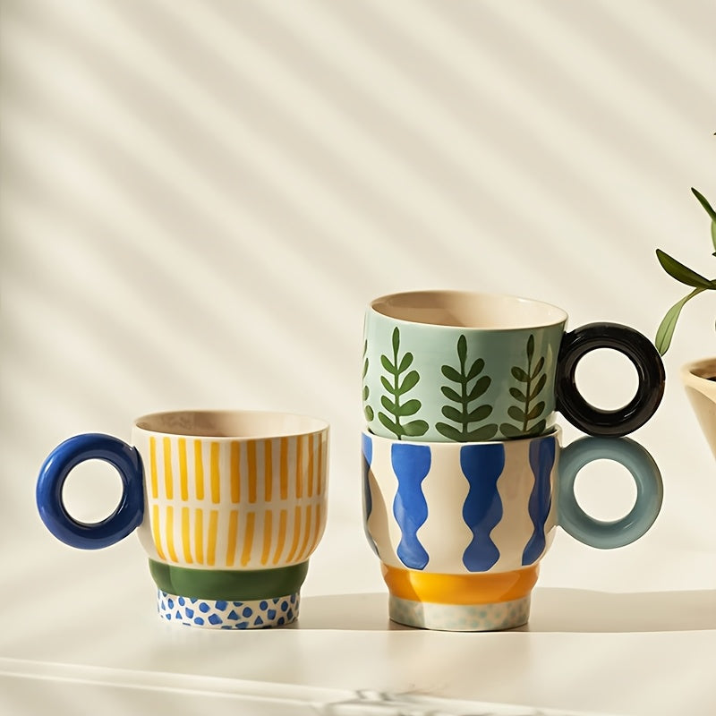1pc Ceramic Hand-Painted Mug with Creative Ring Handle Design, Stylish Home Decor Cup for Tea