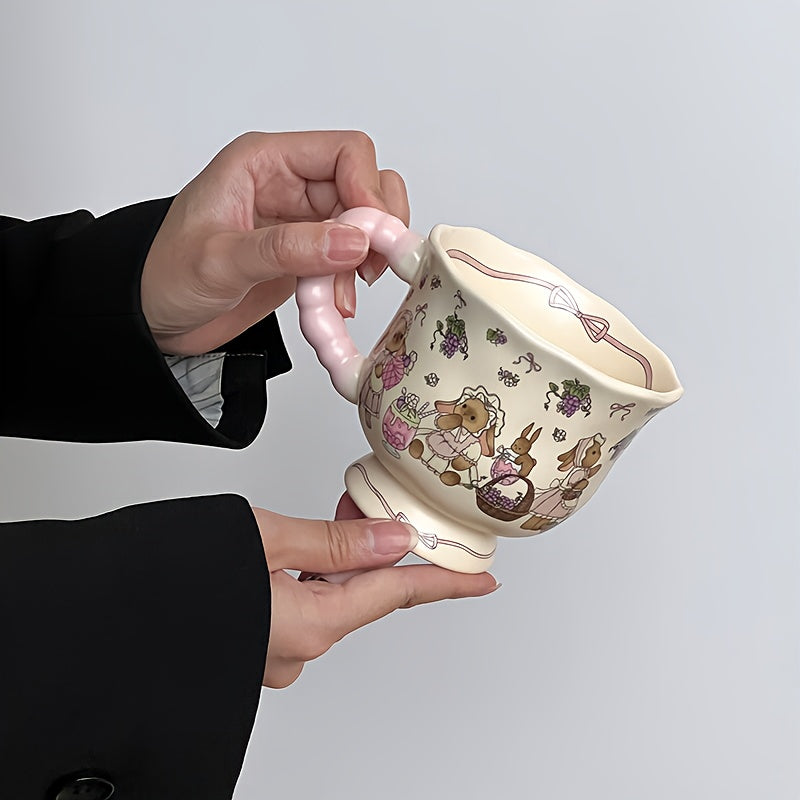 Cute Bunny & Grape Ceramic Mug with Lid & Spoon - Pink Floral Rabbit Design Coffee Tea Cup