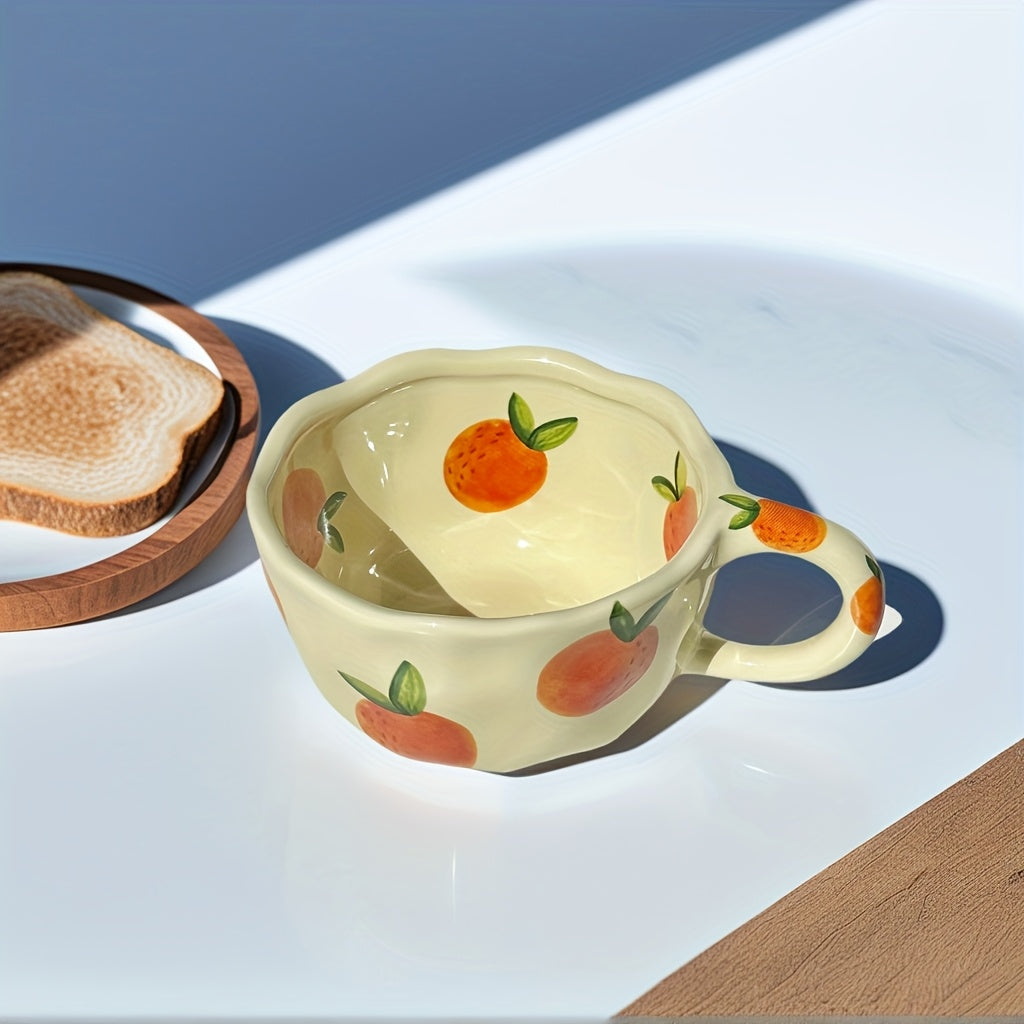 1pc Cute Fruit Ceramic Cup Floral Mug 8.5oz\u002F250ml Cream Color Ins Style Couple Cups with