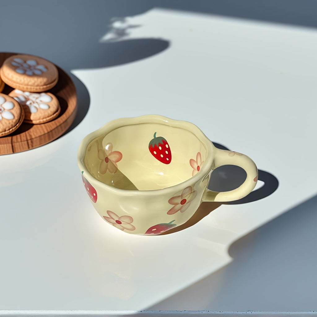 1pc Cute Fruit Ceramic Cup Floral Mug 8.5oz\u002F250ml Cream Color Ins Style Couple Cups with