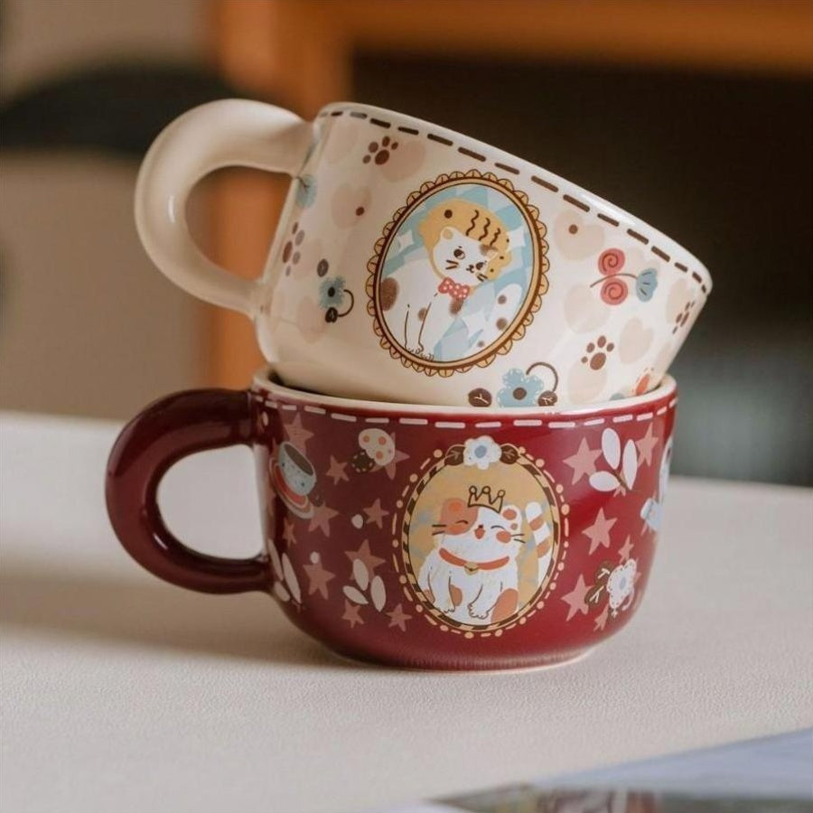 Vintage Cute Money-Grabbing Cat Coffee Mug - Ceramic Kitten Design with Red Bow Tie, Insulated