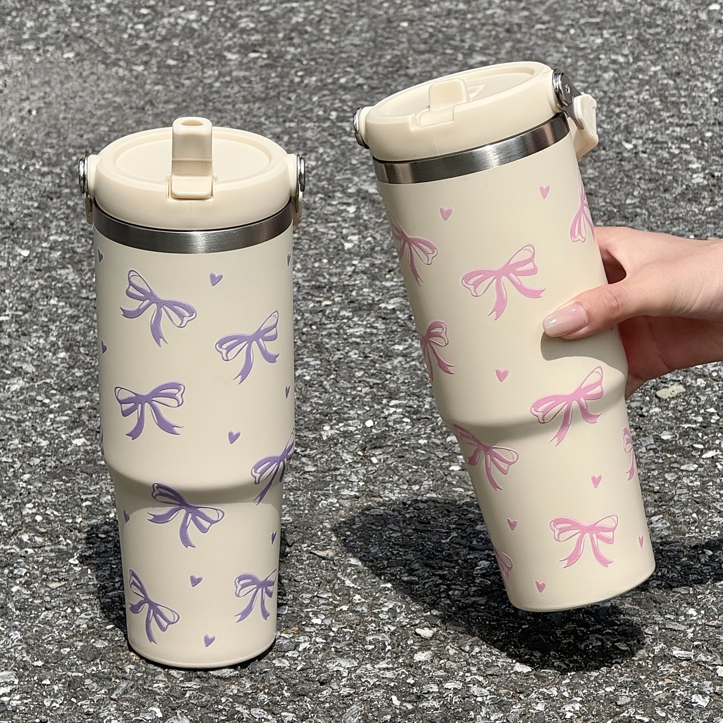 Insulated Travel Flask HILAKE 30oz Insulated Travel Flask with Handle - 1pc Leakproof Thermos for Hot\u002FCold Drinks, Beige & Pink Water Bottle, Cute Gift for Back to School, Weddings, Parties, Christmas, Thanksgiving, Mother's Day, Birthday