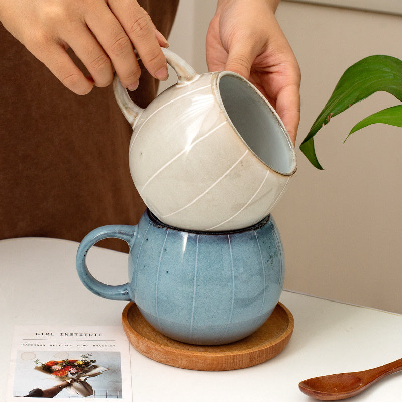 6pcs Spherical Ceramic Mug with Hand-painted Lines, Coffee Cup, Milk Cup, Water Cup, Breakfast Oatmeal Cup, Holiday Gift, 14.88oz\u002F440ml