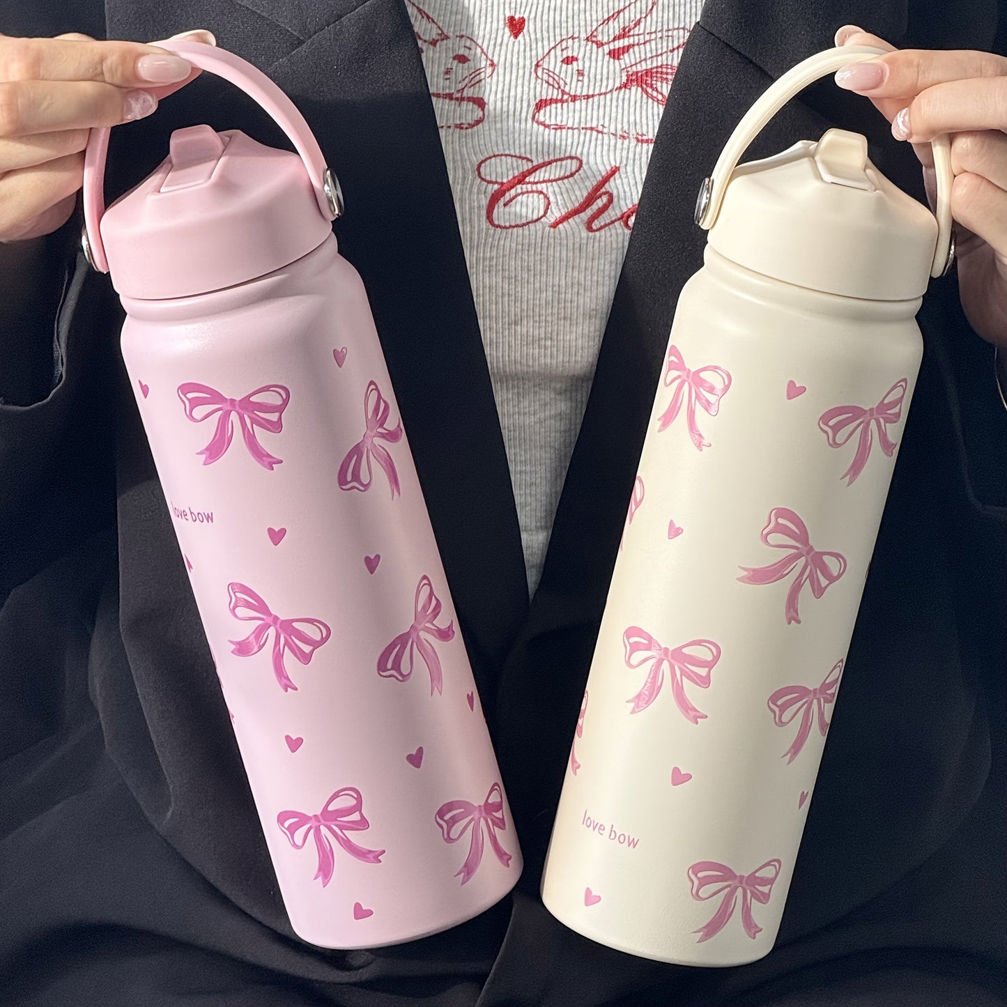 HILAKE Large 800ml\u002F27oz Stainless Steel Insulated Water Bottle & Coffee Cup - Thermal Flask with Elegant Pastel Pink Bow Design