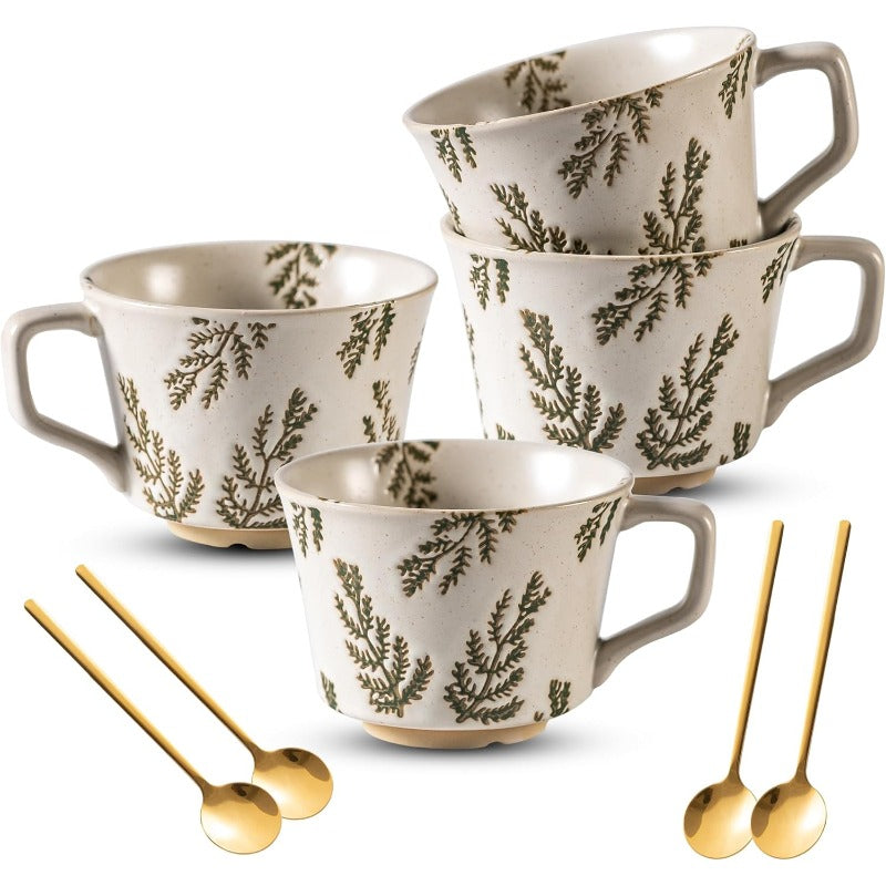 Coffee Mugs Set of 4 with Gold Spoon 11 oz Porcelain Mug Ceramic Tea Cups with Handle for Men Women Handpainted Mug Birthday Housewarming Wedding Gift Dishwasher Microwave Safe