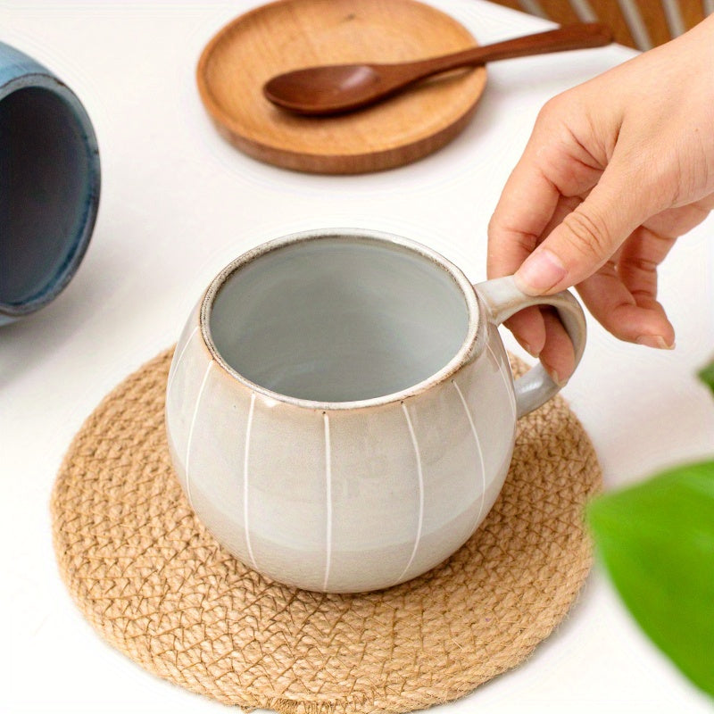6pcs Spherical Ceramic Mug with Hand-painted Lines, Coffee Cup, Milk Cup, Water Cup, Breakfast Oatmeal Cup, Holiday Gift, 14.88oz\u002F440ml