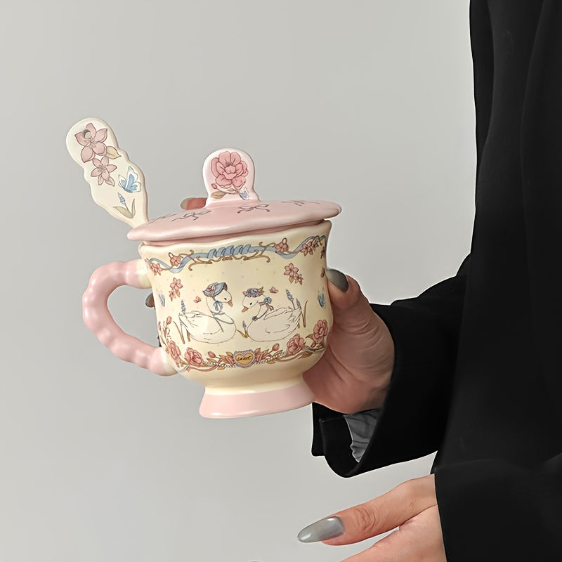 1pc Floral Swan Ceramic Mug - Large Capacity, Elegant Pink & White Design with Floral Patterns